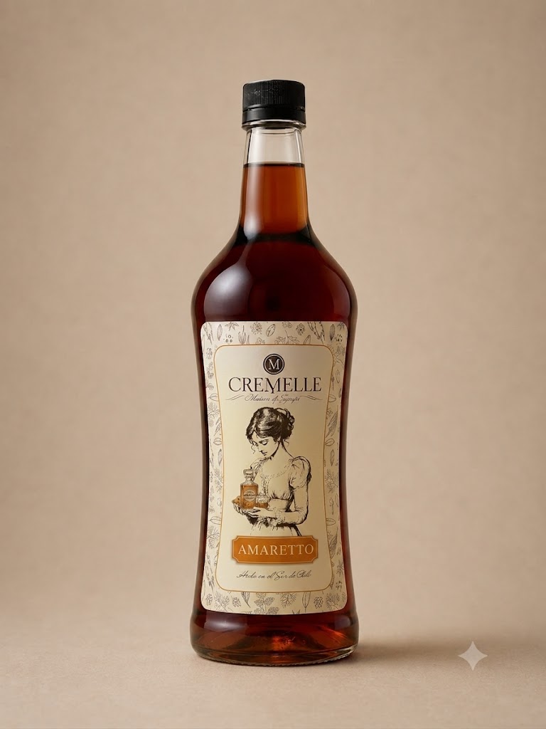 Botella de 1 litro de syrup Cremelle sabor amaretto